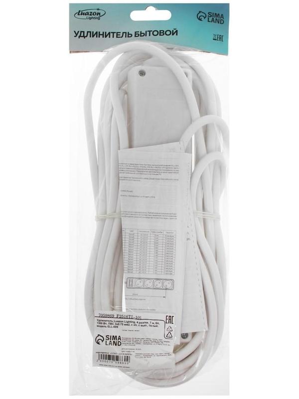 Удлинитель Luazon Lighting, 4 розетки, 7 м, 6 А, 1300 Вт, 3х0.75 мм2, с з/к, с выкл., Б
