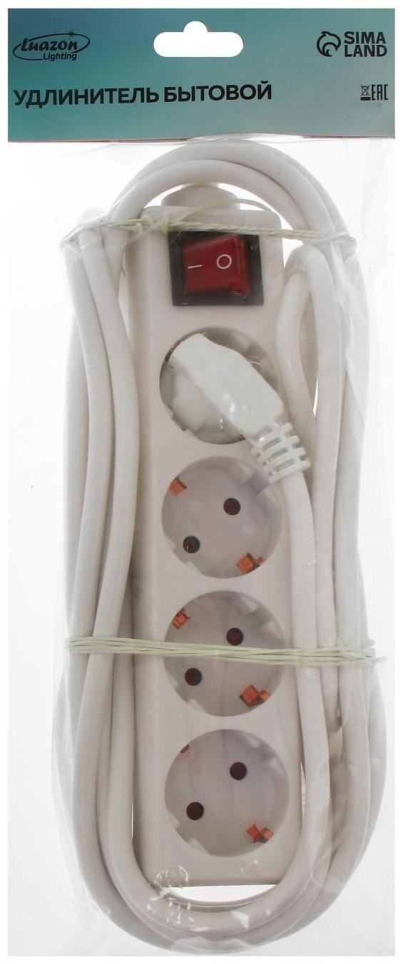 Удлинитель Luazon Lighting, 4 розетки, 5 м, 10 А, 2200 Вт, 3х1.5 мм2, с з/к, с выкл., Б