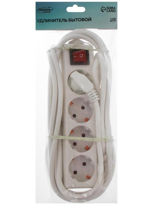 Удлинитель Luazon Lighting, 4 розетки, 5 м, 10 А, 2200 Вт, 3х1.5 мм2, с з/к, с выкл., Б
