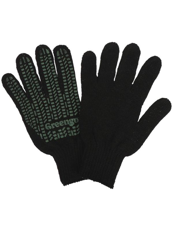 Перчатки, х/б, вязка 7 класс, 6 нитей, размер 10, с ПВХ точками, чёрные, Greengo