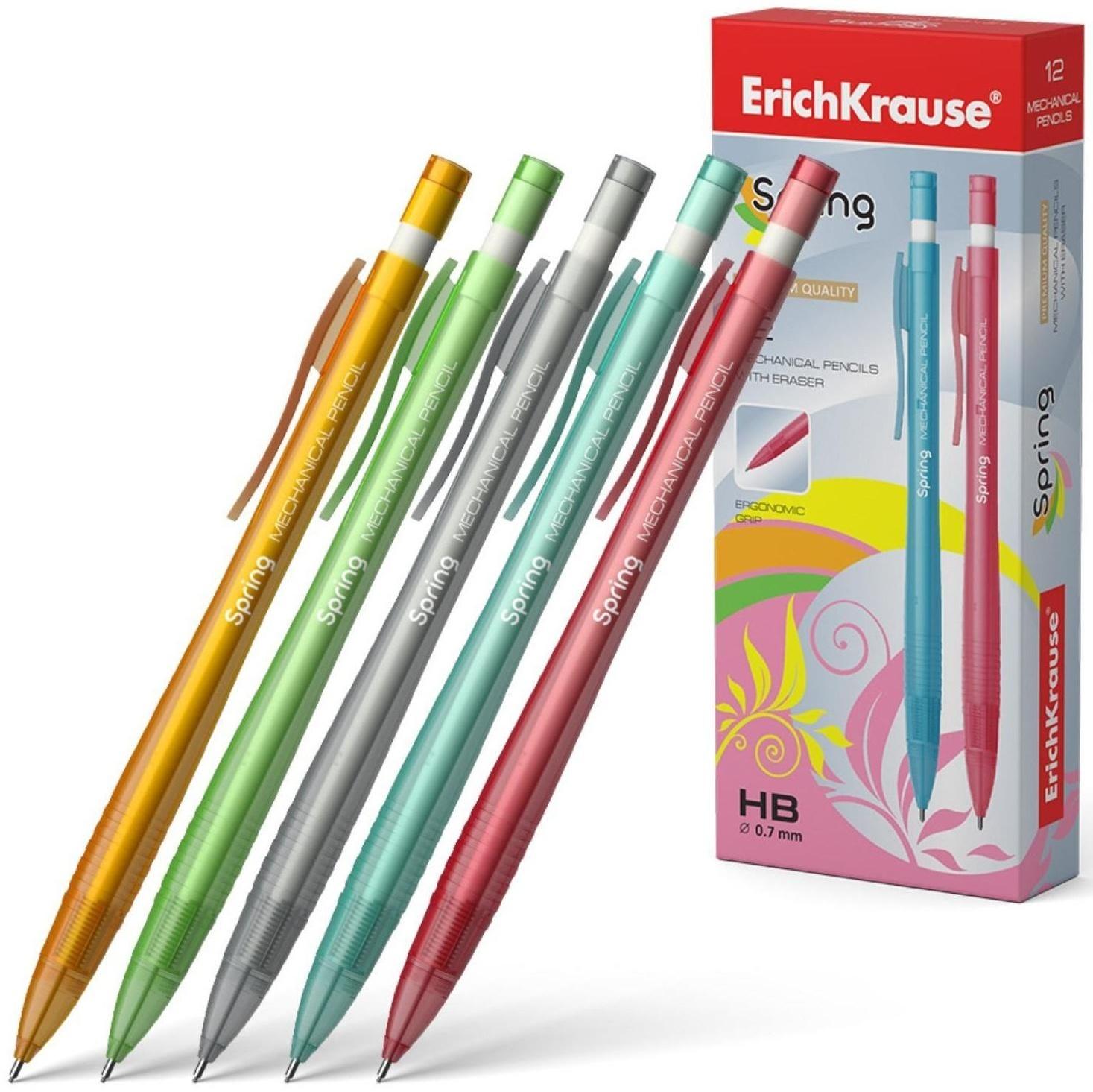 Карандаш механический НВ, 0.7 мм, ErichKrause Spring, с ластиком, МИКС