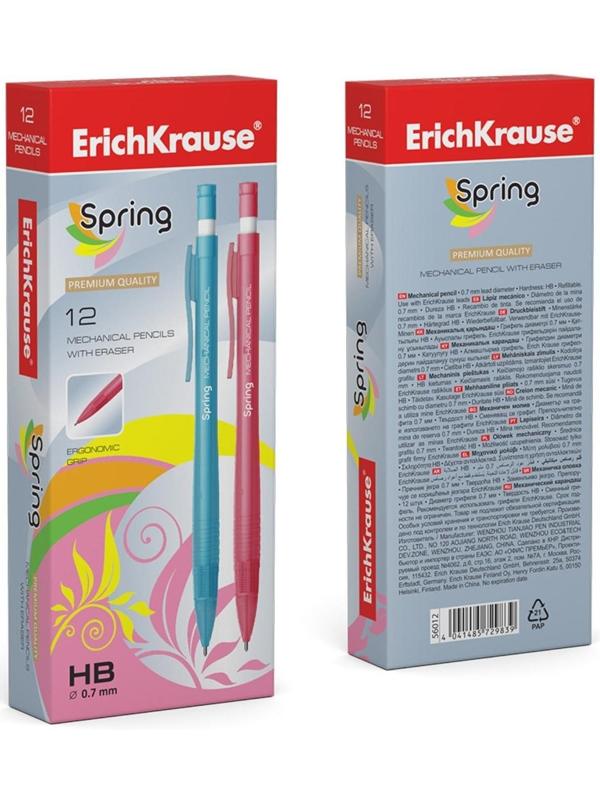 Карандаш механический НВ, 0.7 мм, ErichKrause Spring, с ластиком, МИКС