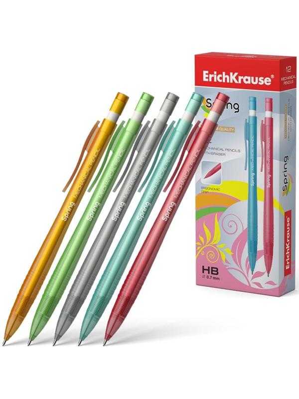 Карандаш механический НВ, 0.7 мм, ErichKrause Spring, с ластиком, МИКС