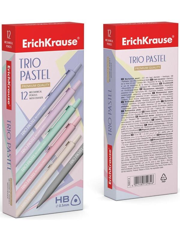 Карандаш механический НВ, 0.5 мм, ErichKrause Trio Pastel, с ластиком, МИКС