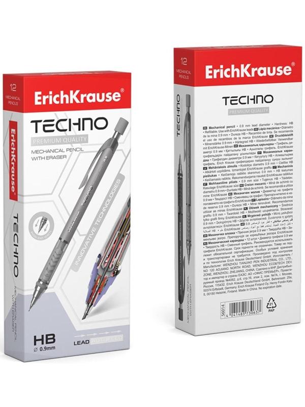 Карандаш механический НВ, 0.9 мм, ErichKrause Techno, с ластиком, МИКС