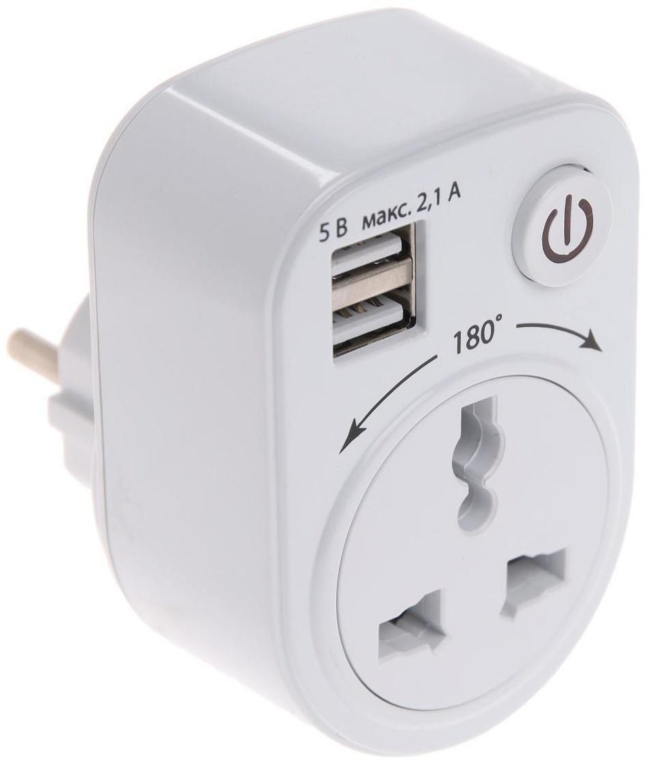 Адаптер универсальный поворотный, с/з, 250В, 16А, 2USB, 2.1A, белый, TDM