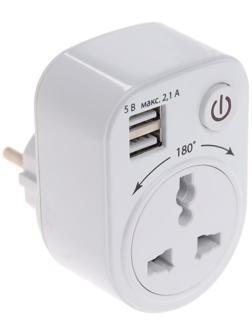 Адаптер универсальный поворотный, с/з, 250В, 16А, 2USB, 2.1A, белый, TDM