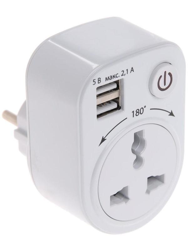 Адаптер универсальный поворотный, с/з, 250В, 16А, 2USB, 2.1A, белый, TDM