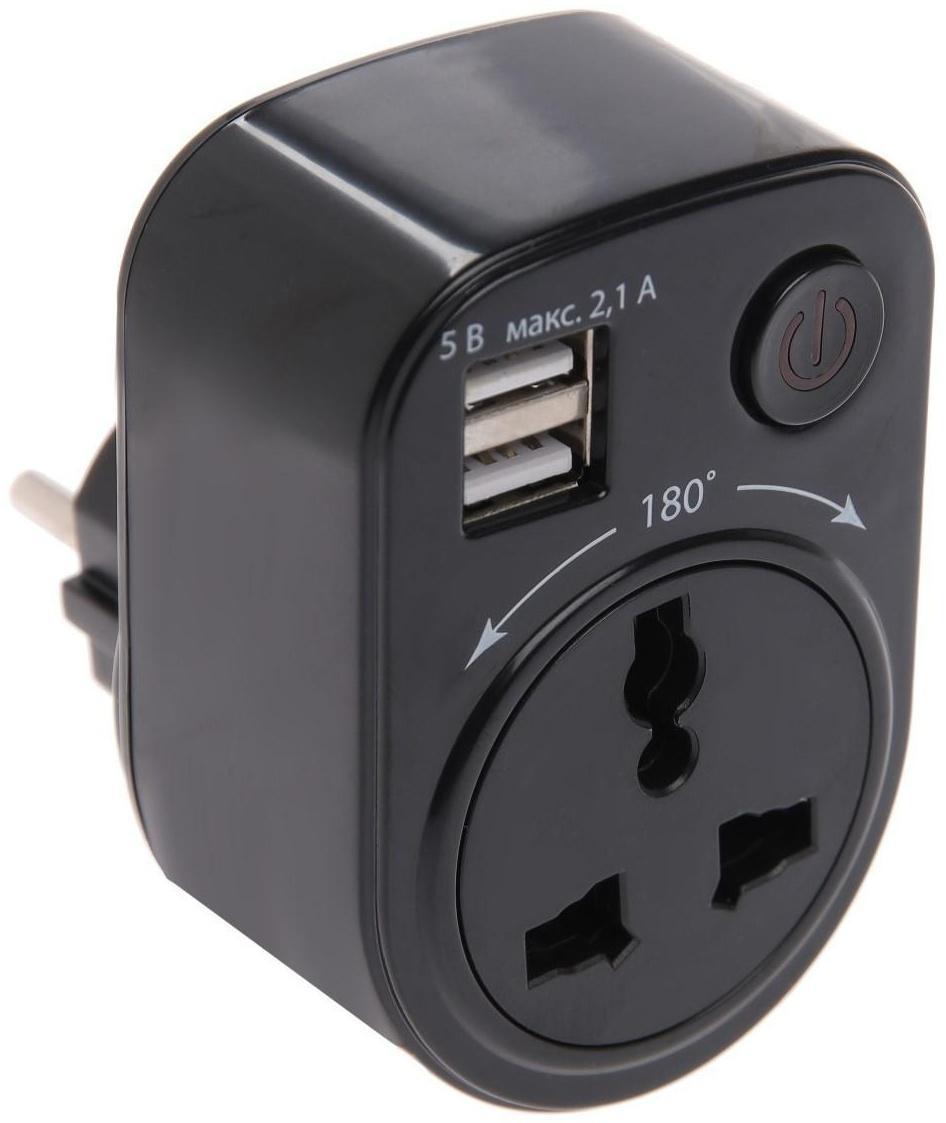 Адаптер универсальный поворотный, с/з, 250В, 16А, 2USB, 2.1A, черный, TDM