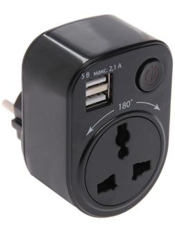 Адаптер универсальный поворотный, с/з, 250В, 16А, 2USB, 2.1A, черный, TDM