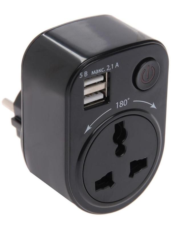 Адаптер универсальный поворотный, с/з, 250В, 16А, 2USB, 2.1A, черный, TDM