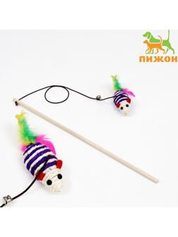 Дразнилка с  мышкой (7 см) на деревянной палочке, 40 см, фиолетовая/белая