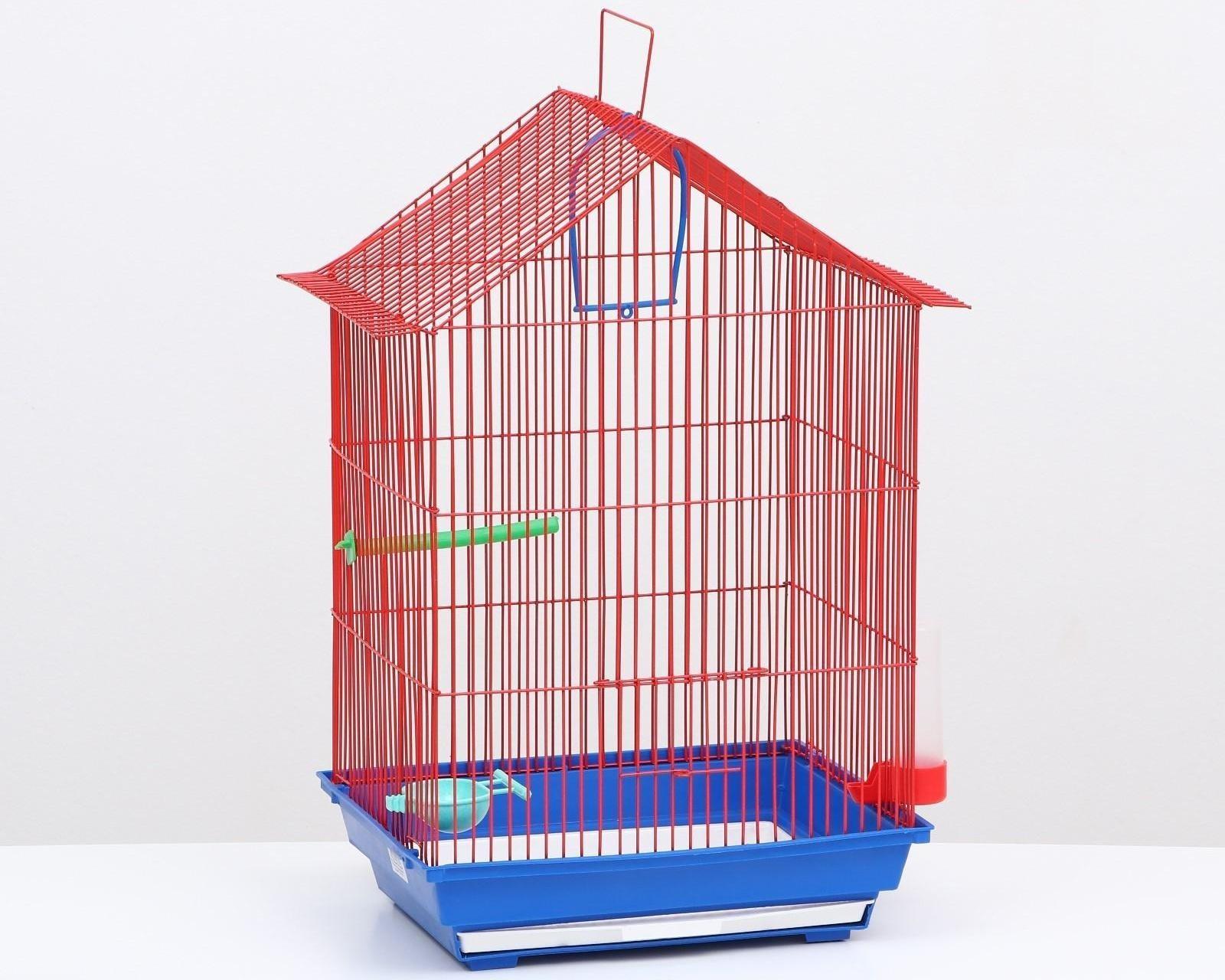 Клетка для птиц большая, крыша-домик (с наполнением), 35 х 28 х 55 см, синий