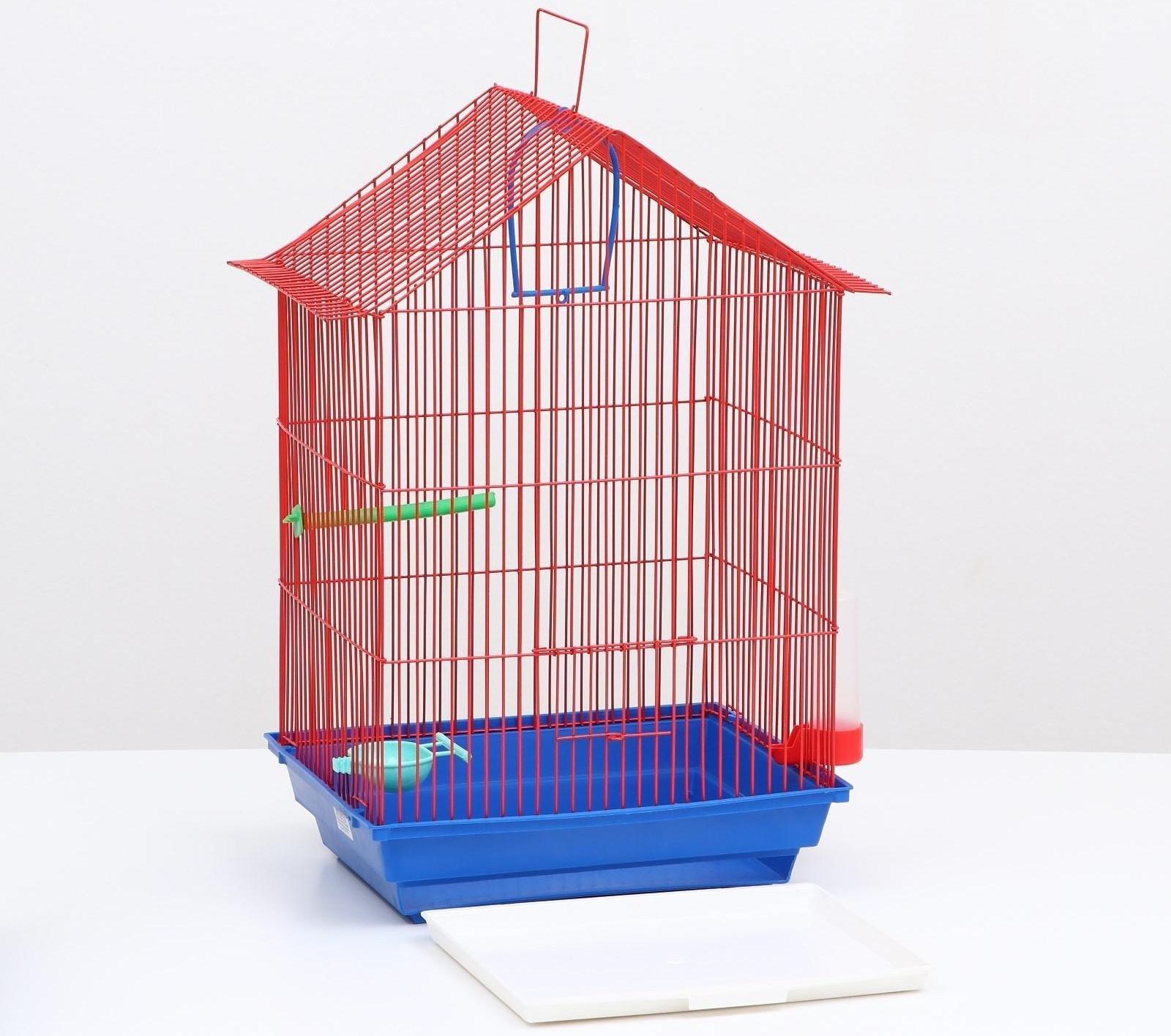 Клетка для птиц большая, крыша-домик (с наполнением), 35 х 28 х 55 см, синий