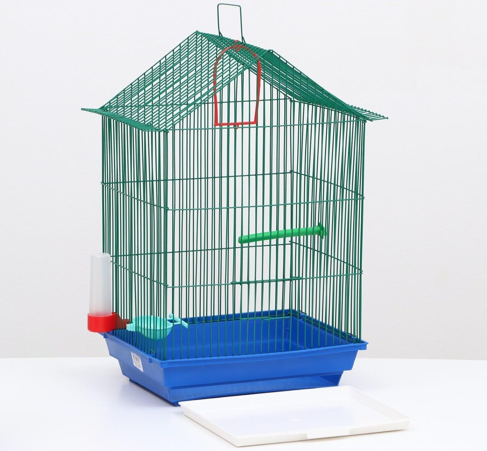 Клетка для птиц большая, крыша-домик (с наполнением), 35 х 28 х 55 см, синий