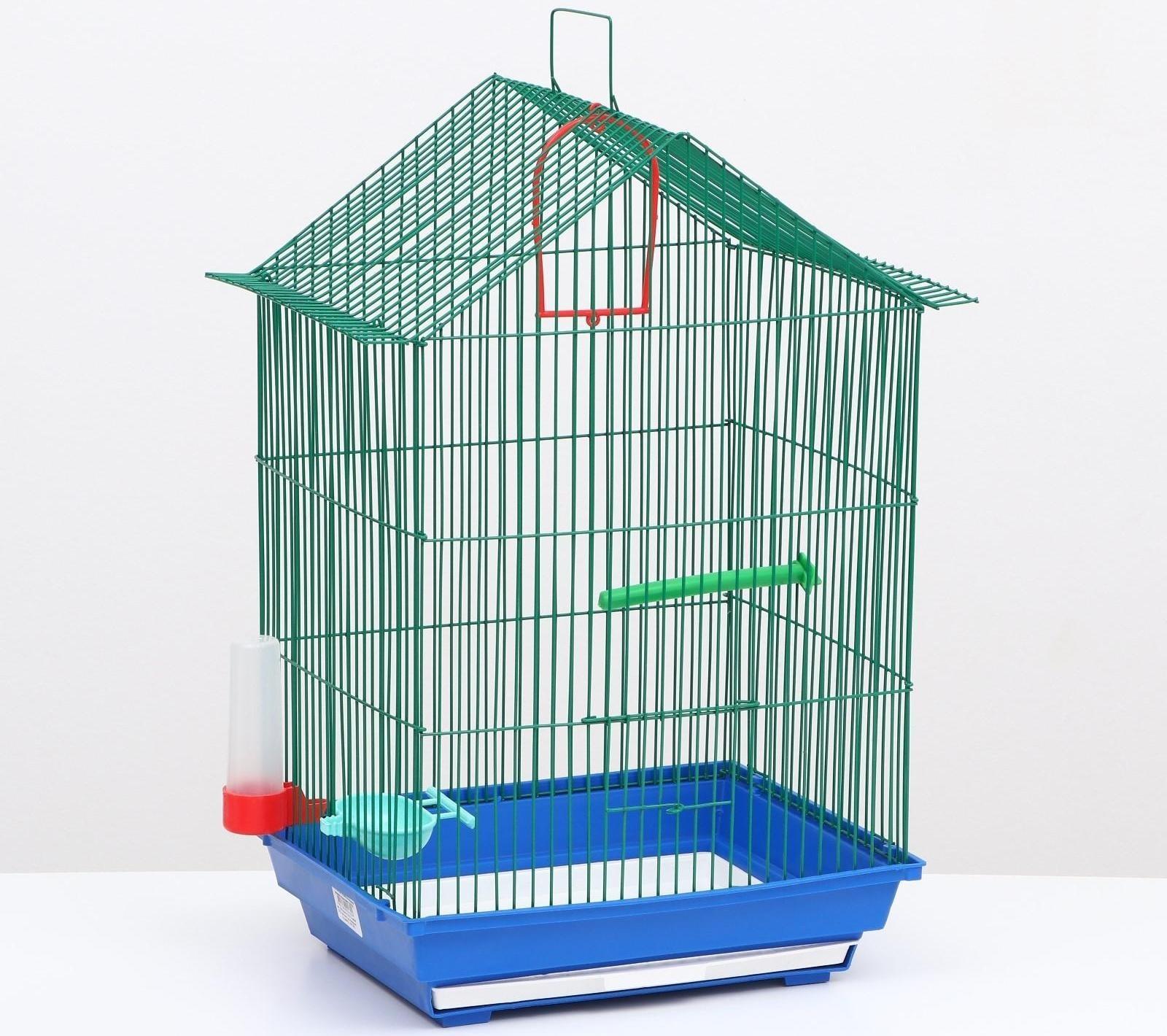 Клетка для птиц большая, крыша-домик (с наполнением), 35 х 28 х 55 см, синий