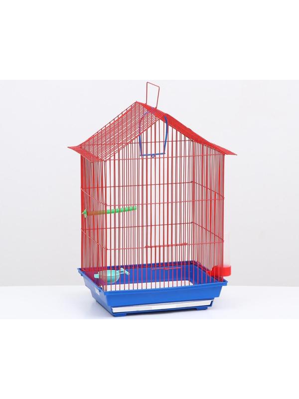 Клетка для птиц большая, крыша-домик (с наполнением), 35 х 28 х 55 см, синий