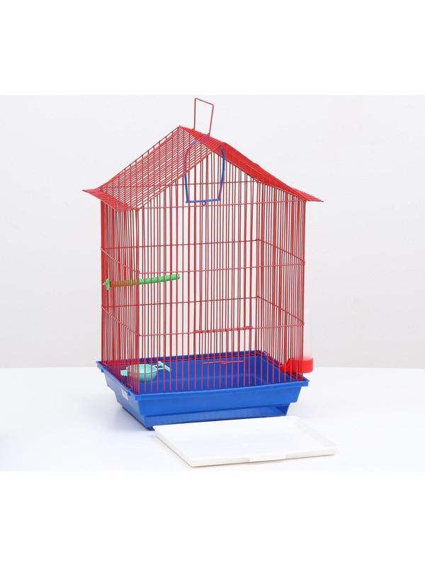Клетка для птиц большая, крыша-домик (с наполнением), 35 х 28 х 55 см, синий