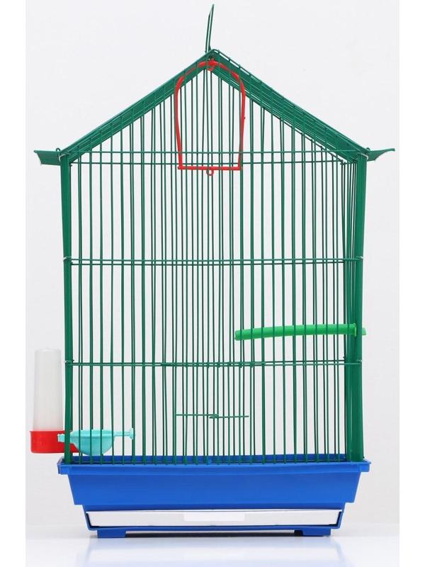 Клетка для птиц большая, крыша-домик (с наполнением), 35 х 28 х 55 см, синий