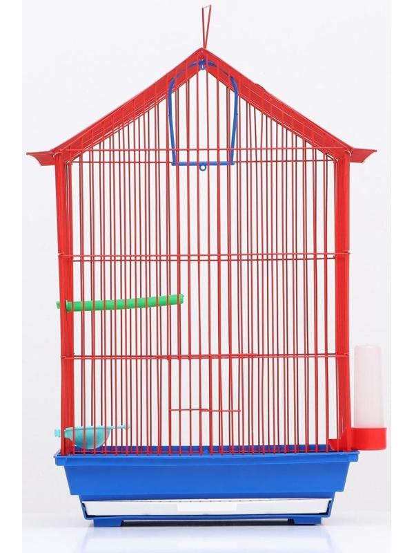Клетка для птиц большая, крыша-домик (с наполнением), 35 х 28 х 55 см, синий