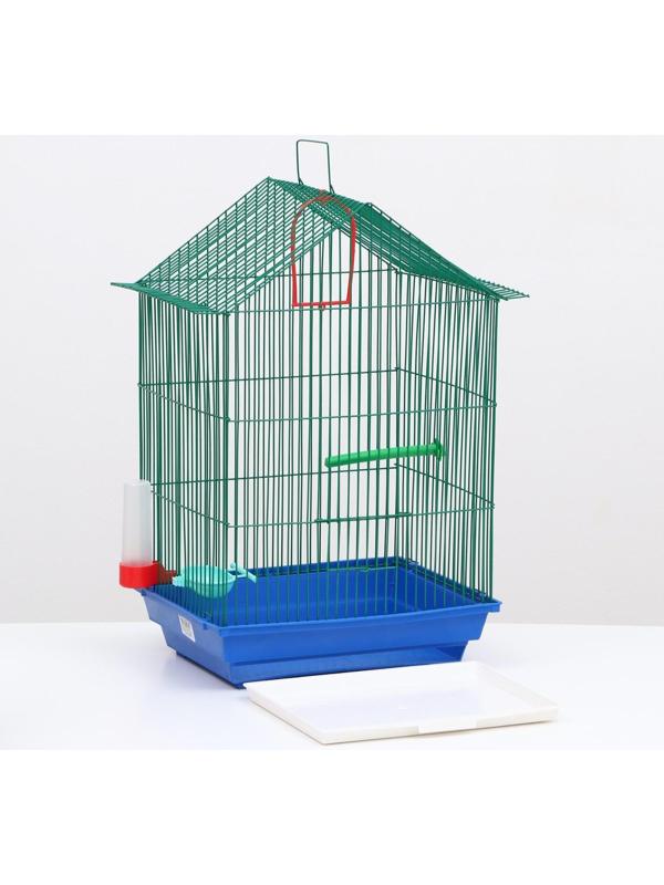 Клетка для птиц большая, крыша-домик (с наполнением), 35 х 28 х 55 см, синий