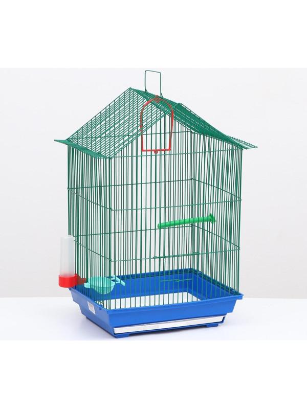 Клетка для птиц большая, крыша-домик (с наполнением), 35 х 28 х 55 см, синий