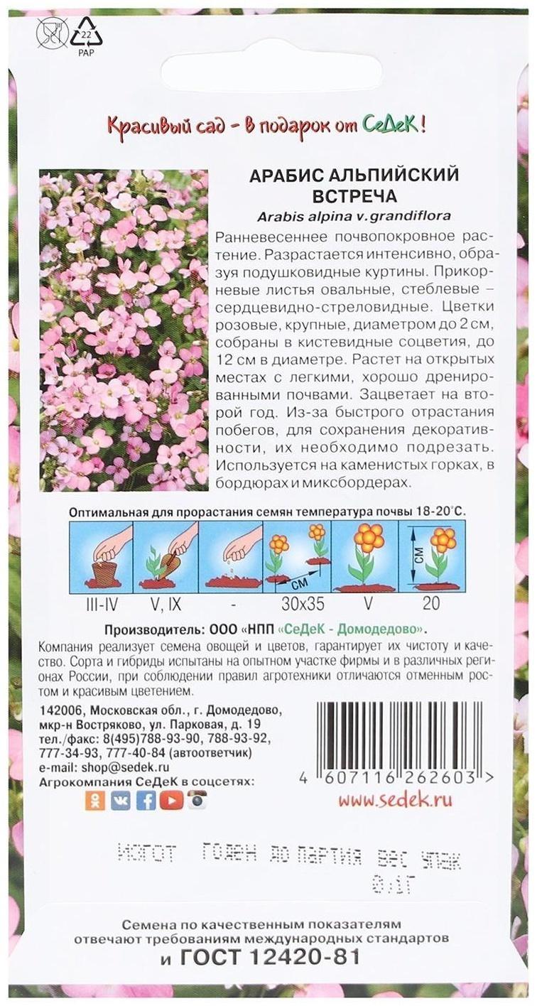 Семена цветов Арабис Встреча, альпийский, розовый, 0,1 г