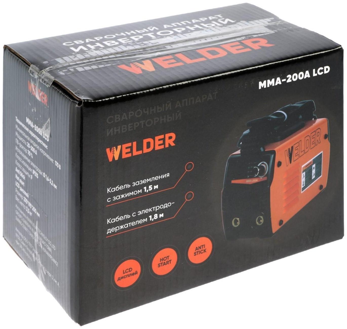 Сварочный аппарат Welder MMA-200A LCD, 4.4 кВт, 20-200 А, 1.6-3.2 мм, LCD дисплей, 2 кабеля
