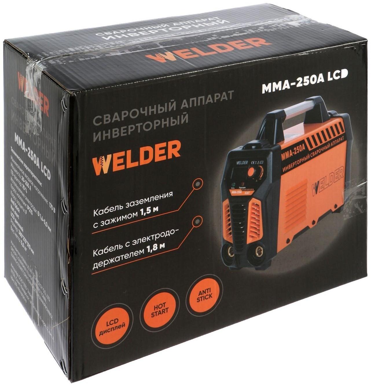 Сварочный аппарат Welder MMA-250A LCD, 6.6 кВт, 20-250 А, 1.6-5 мм, LCD дисплей, 2 кабеля