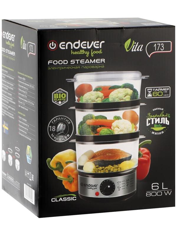 Пароварка Endever Vita-173, электрическая, 800 Вт, 6 л, 3 яруса, чёрно-серебристая
