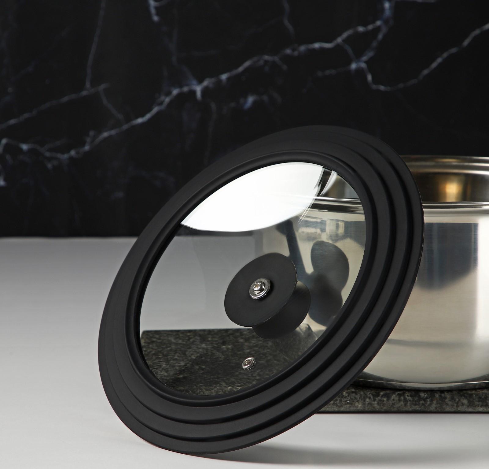 Крышка для сковороды и кастрюли Доляна стеклянная, универсальная, с силиконовым ободком и ручкой, d=20/22/24 см, цвет чёрный