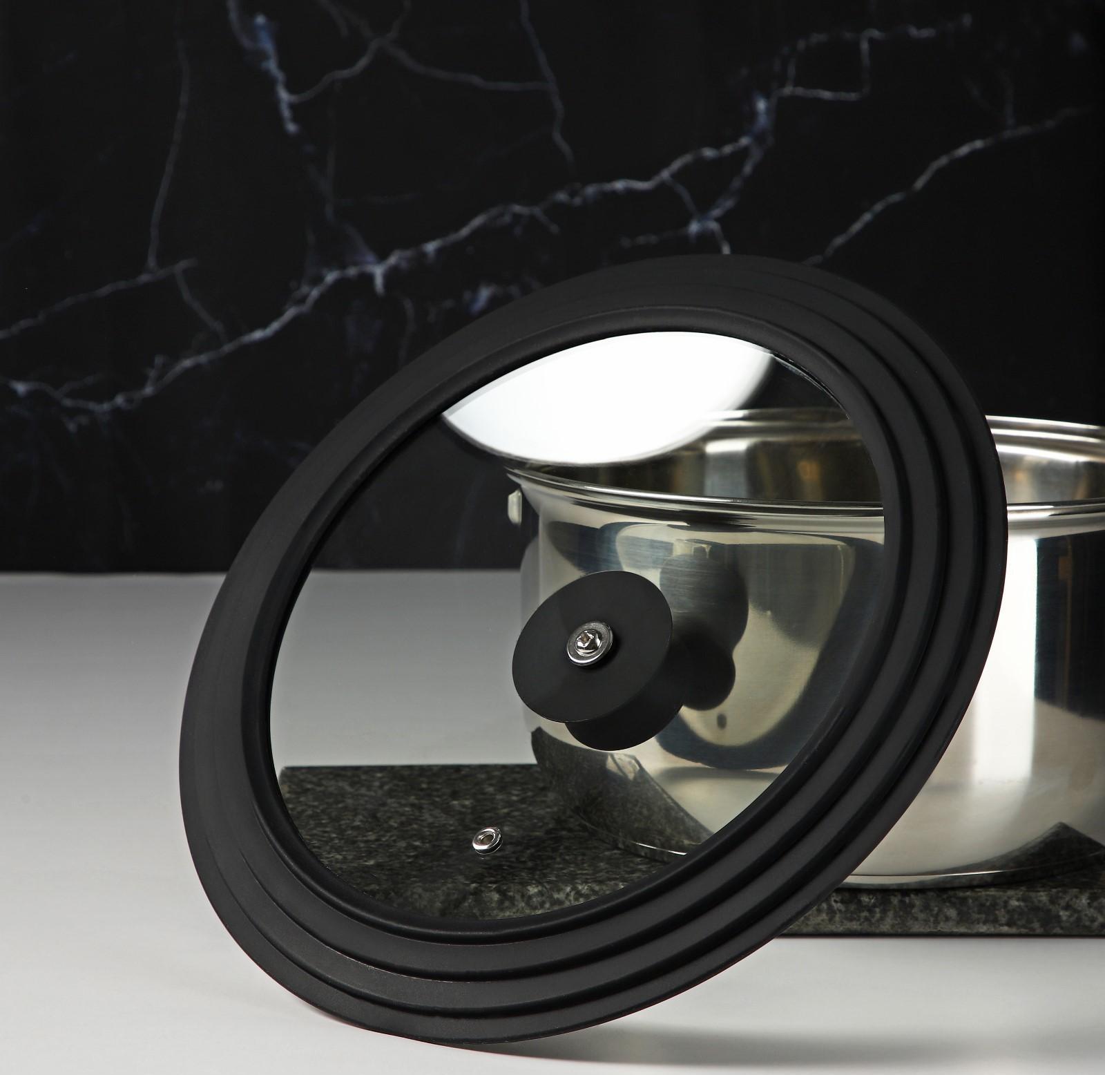 Крышка для сковороды и кастрюли Доляна стеклянная, универсальная с силиконовым, ободком и ручкой, 24/26/28 см, цвет чёрный