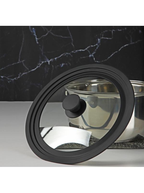 Крышка для сковороды и кастрюли Доляна стеклянная, универсальная с силиконовым, ободком и ручкой, 24/26/28 см, цвет чёрный