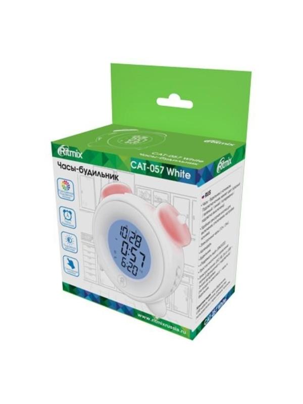 Часы-будильник RITMIX CAT-057, календарь, подсветка, 3хААА, белые