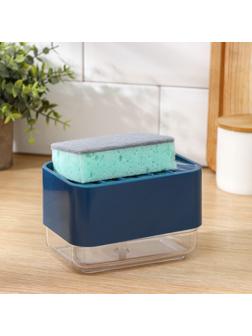 Дозатор для моющего средства с подставкой для губки Raccoon, губка в комплекте, цвет синий