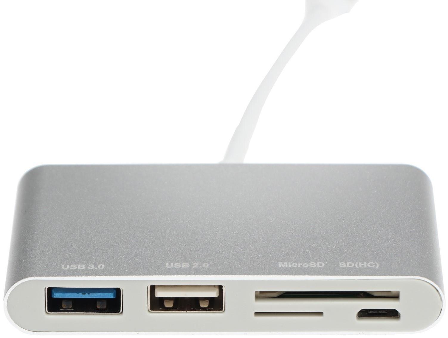 Адаптер Red Line Lite, Type-C - 2 USB/microUSB/microSD/SD, серебристый