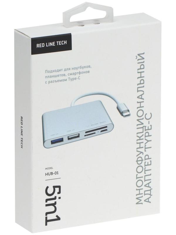 Адаптер Red Line Lite, Type-C - 2 USB/microUSB/microSD/SD, серебристый