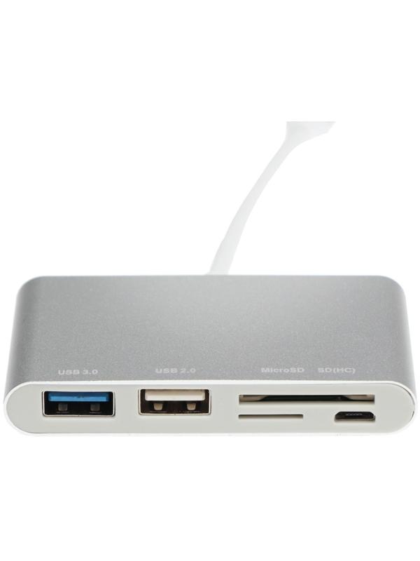 Адаптер Red Line Lite, Type-C - 2 USB/microUSB/microSD/SD, серебристый