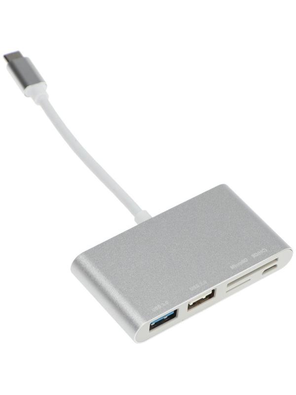 Адаптер Red Line Lite, Type-C - 2 USB/microUSB/microSD/SD, серебристый