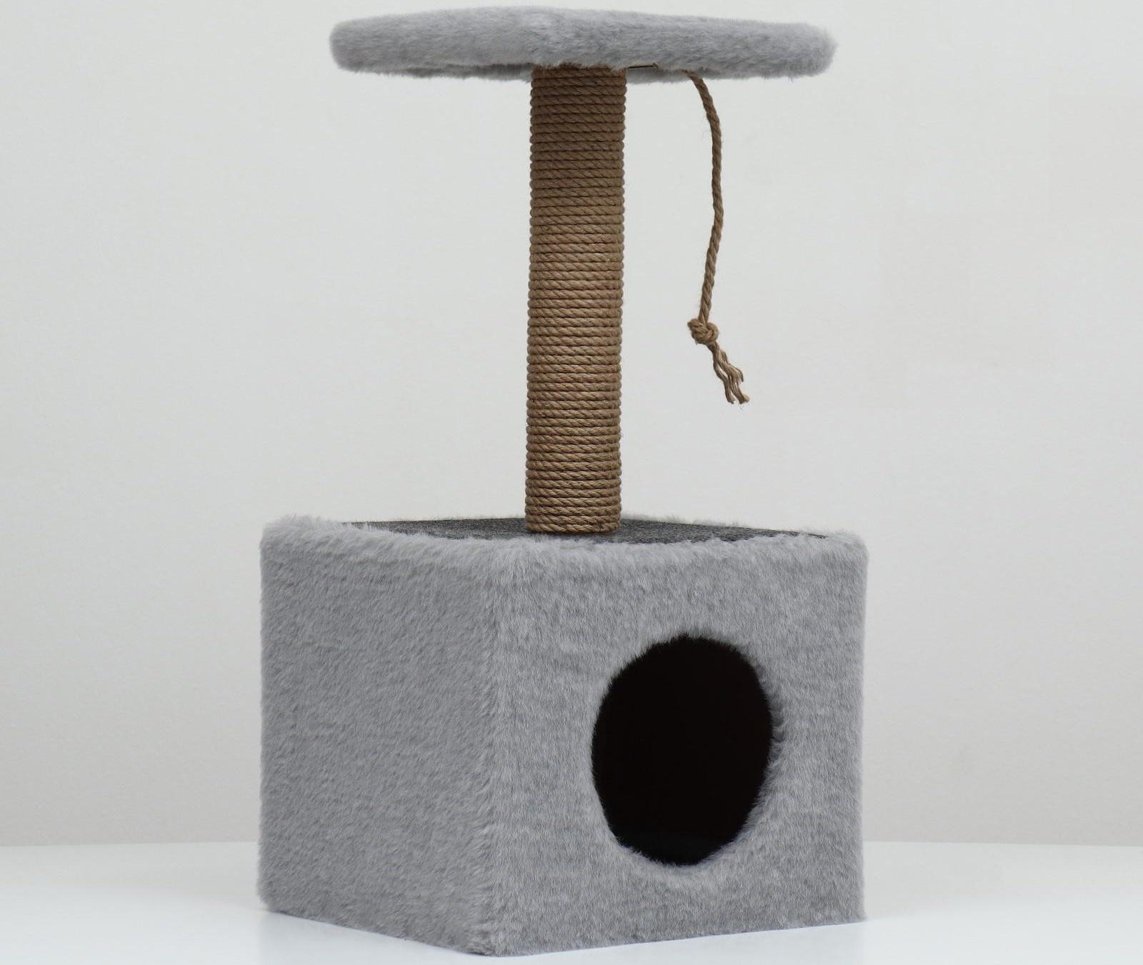 Домик для животных с полкой, джут, 32 х 32 х 64 см, серый