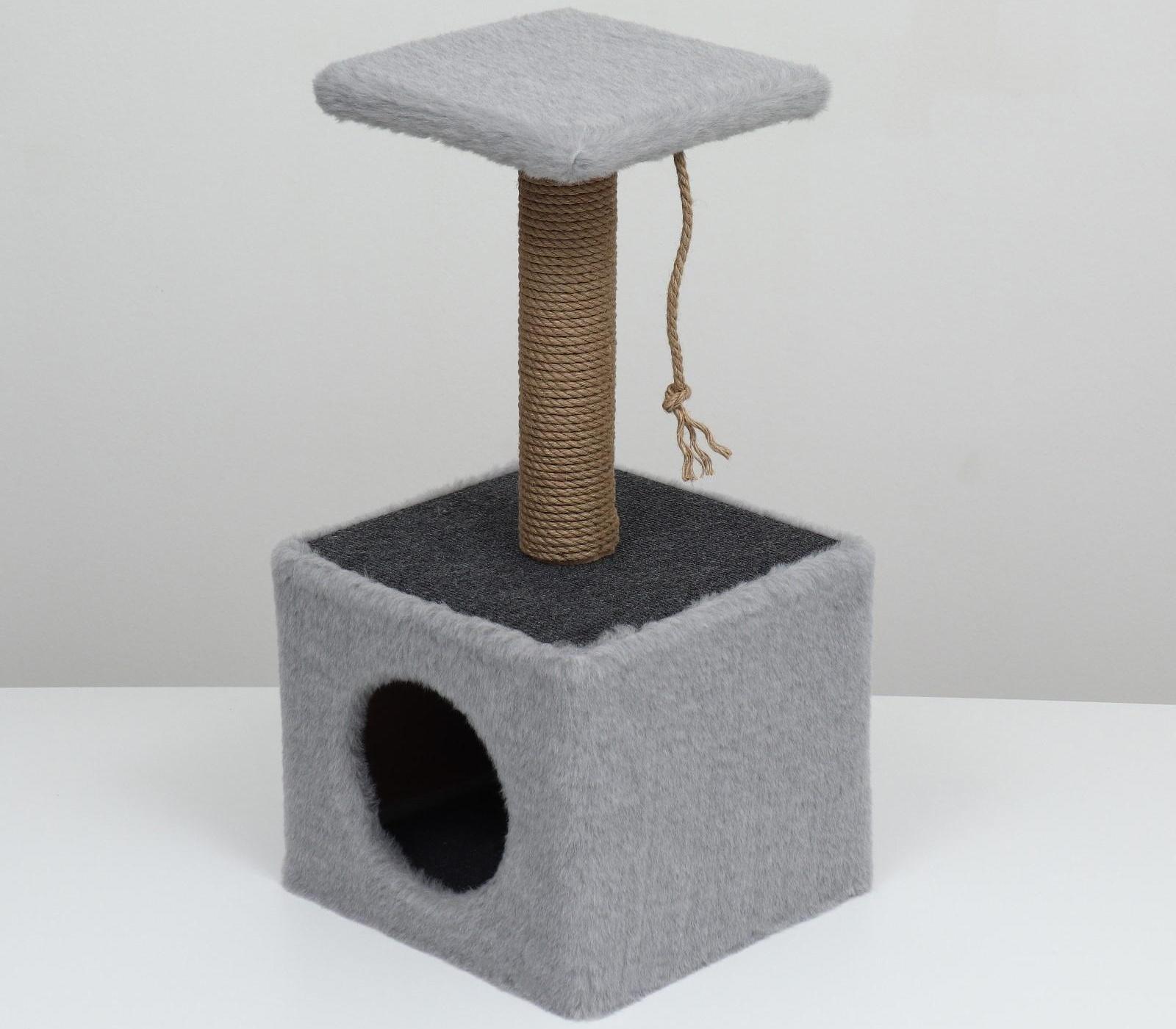 Домик для животных с полкой, джут, 32 х 32 х 64 см, серый