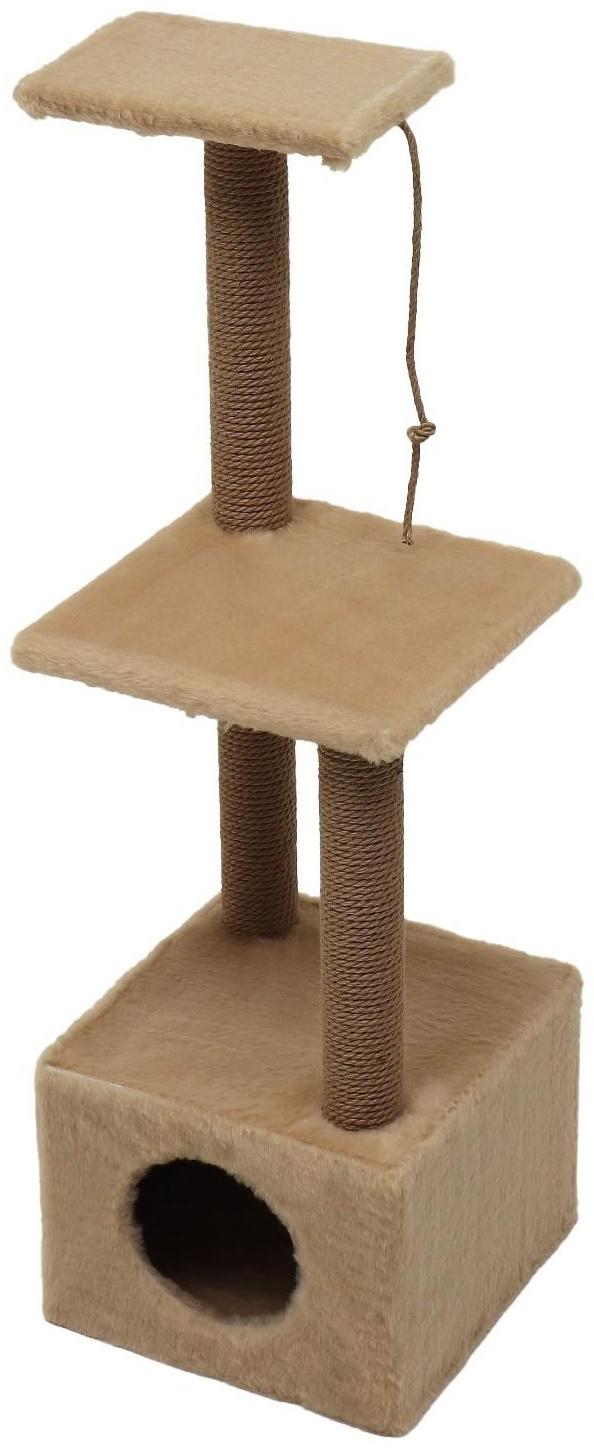 Домик для кошек с двумя полками и ковролином, джут, 37 х 37 х 111 см, бежевый
