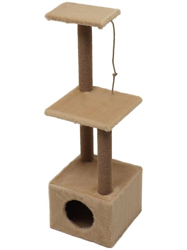 Домик для кошек с двумя полками и ковролином, джут, 37 х 37 х 111 см, бежевый