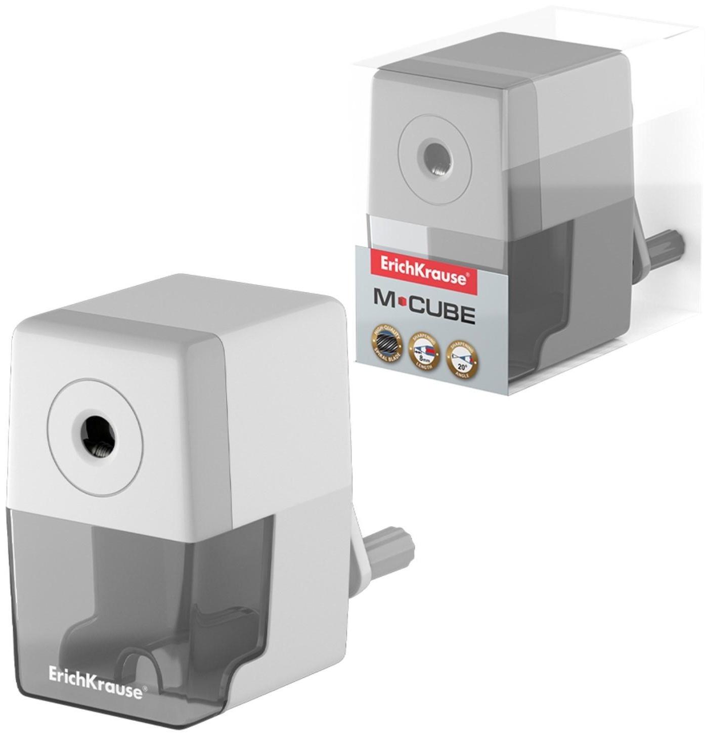 Точилка 1 отверстие ErichKrause M-Cube, с контейнером и механизмом крепления к столу, отверстие диаметром 8 мм, белая