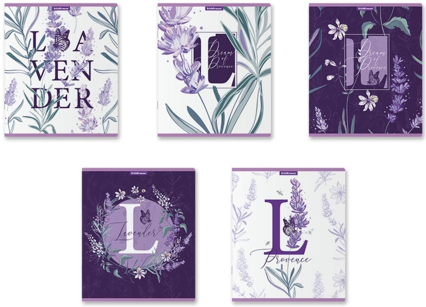 Тетрадь 48 листов в клетку ErichKrause Lavender, обложка мелованный картон, выборочный УФ-лак, блок офсет, белизна 100% / Микс 5 шт.