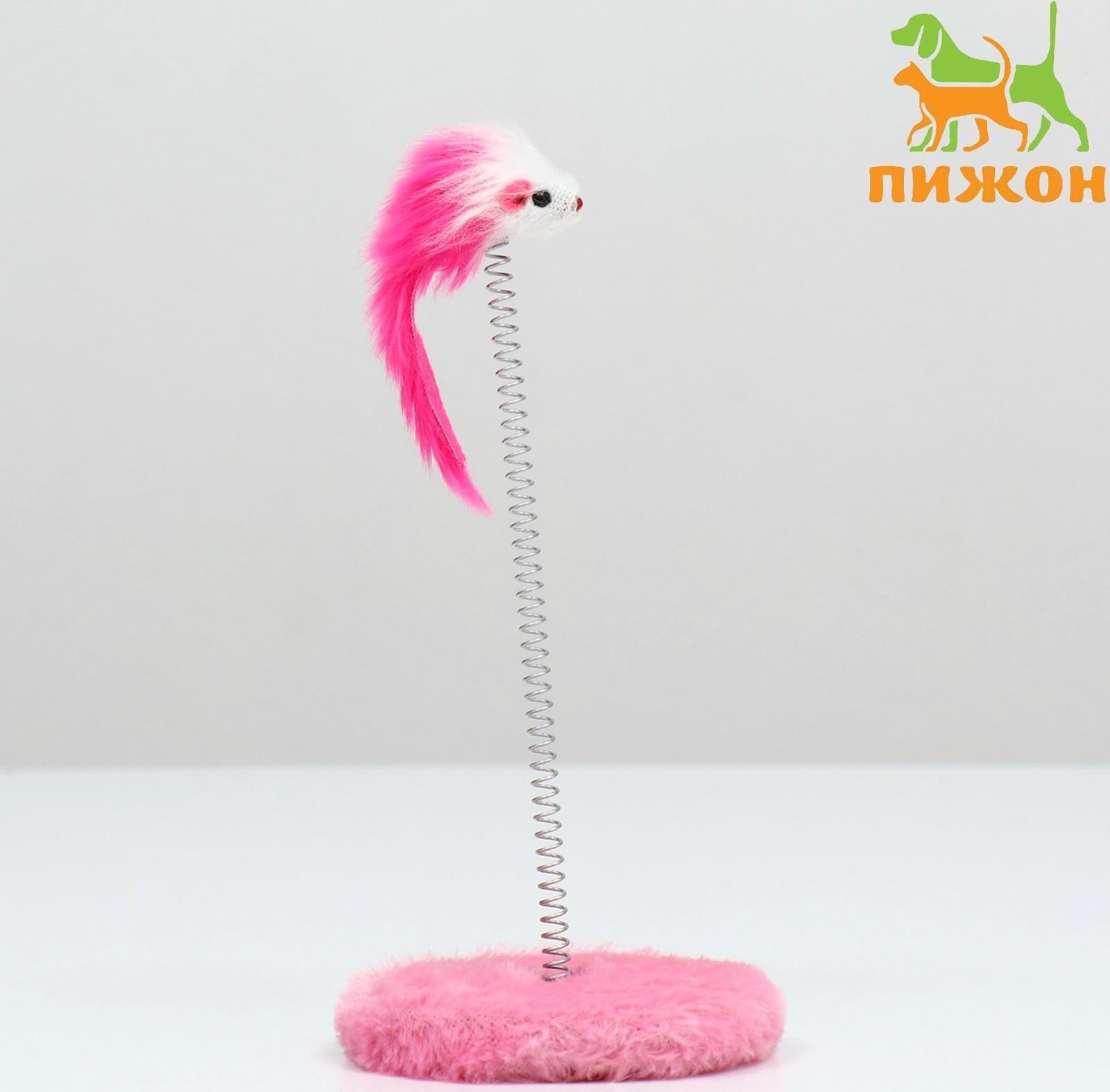 Дразнилка для кошек на пружине с мышью (5 см), 10,5 х 23 см, розовая