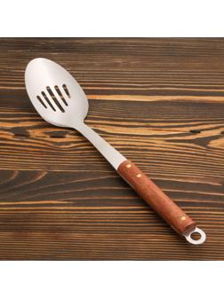 Ложка-шумовка сервировчная с деревянной ручкой 35 см, черпало 10х7 см