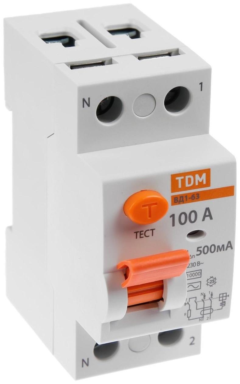 УЗО TDM ВД1-63, 2п, 100 А, 500мА, SQ0203-0102