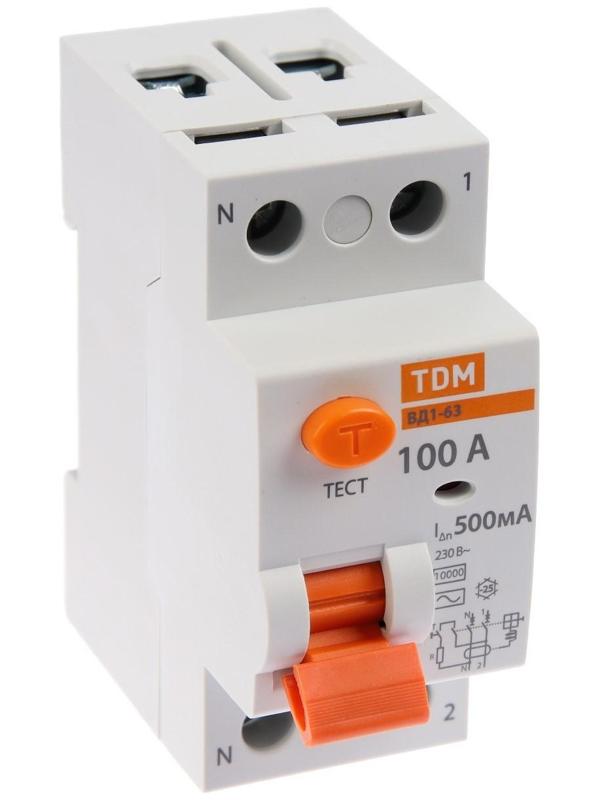 УЗО TDM ВД1-63, 2п, 100 А, 500мА, SQ0203-0102