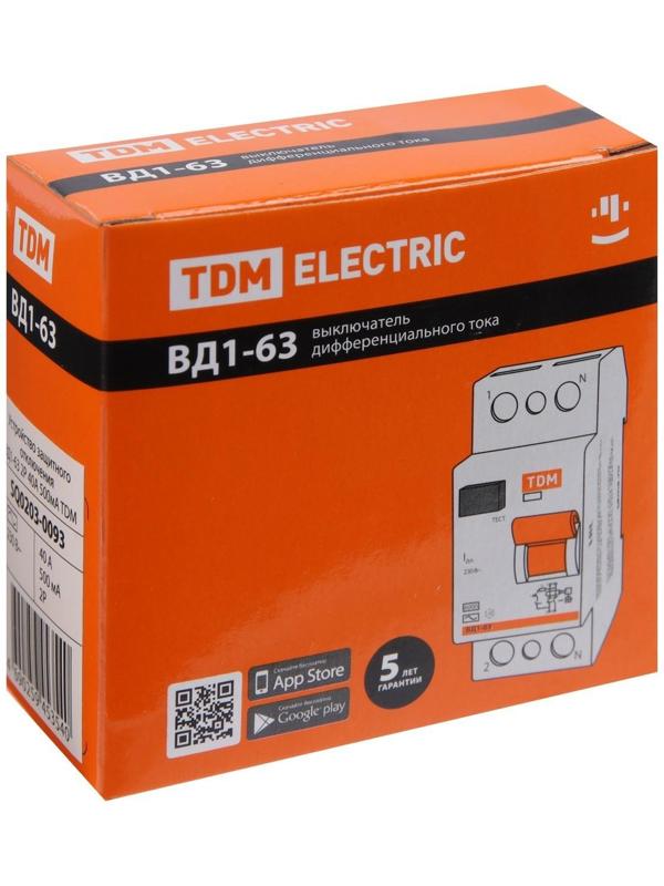УЗО TDM ВД1-63, 2п, 40 А, 500мА, SQ0203-0093